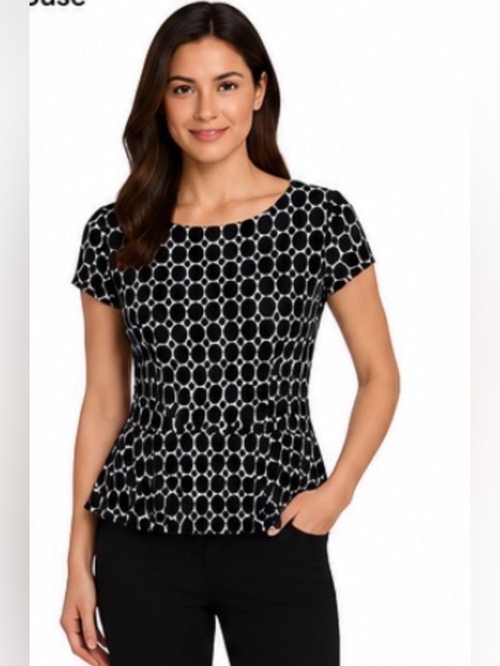 WHBM Black White Polka Dot Peplum Blouse Top Size L Workwear Classic career